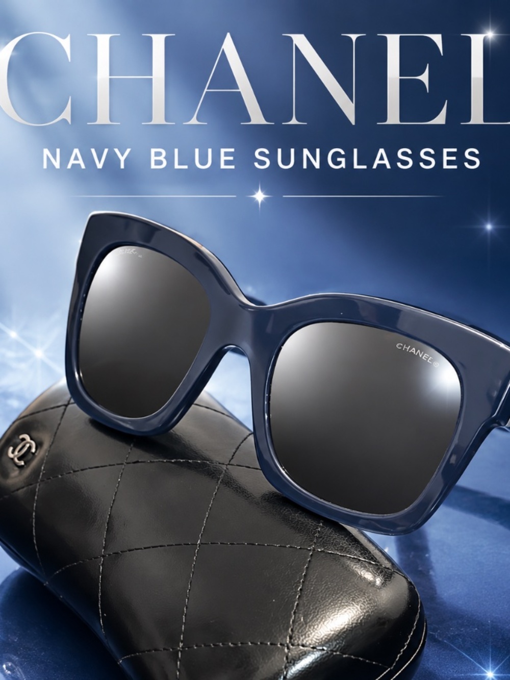 Chanel oversized navy blue square sunglasses with mirrored lenses & quilted case